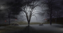 Glowing Red Eyes And Spooky Shadows In Misty Moonlit Forest. 3d Rendering.