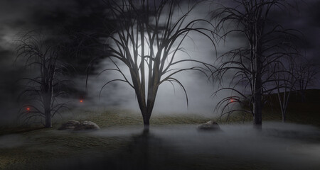 Glowing red eyes and spooky shadows in misty moonlit forest. 3d rendering.