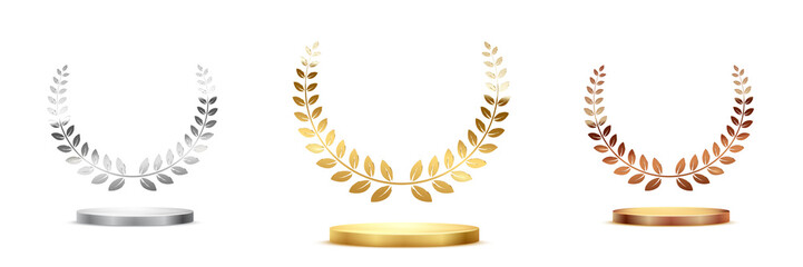 Wall Mural - golden, silver and bronze award signs with podiums laurel wreath isolated on white background. vecto