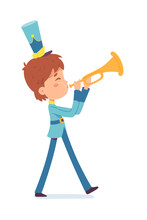 Kid With Horn Playing Loud Fun Music And Marching, Happy Talent Boy Musician Walking