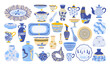 Doodle crockery, ceramic tableware, decorative kitchen pottery. Decorative pottery, dishes, bowls and plates vector symbols illustrations set. Collection of clay ceramic crockery