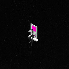 contemporary art collage. man sitting on the windowsill with pink light isolated over black starry s