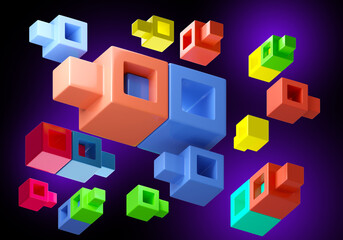 Poster - Constructor for children. Pile of colorful rainbow toy bricks. Childish background with toy bricks. Colorful toy bricks on dark background. Scattered plastic children blocks. 3d rendering.