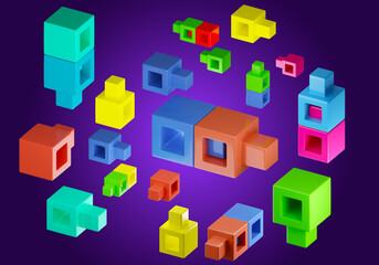 Poster - Children background with toys. Parts for baby constructor. Bricks for education in preschool. Background from rainbow toy bricks. Multicolored toy bricks on purple. Colored plastic blocks. 3d image.