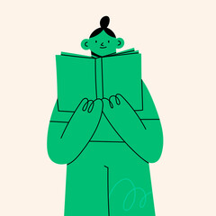 Portrait of cute young lady standing and holding an open Book. Abstract cartoon character. Hand drawn modern Vector illustration. Love reading books, education, knowledge concept