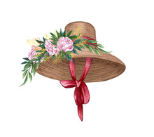 Vintage Watercolor Hat With Flowers And A Ribbon
