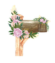 Vintage Mailbox With Peony Flowers And Leaves On A White Background. Watercolor Illustration