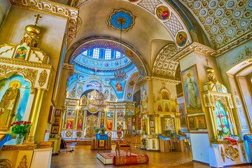 Sticker - Spectacular interior of Transfiguration Cathedral with colrful frescoes and icons in golden kiots, Dnipro, Ukraine