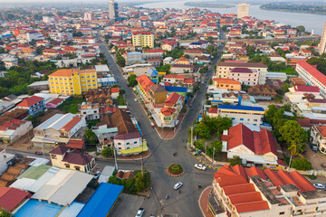 Panoramic drone view of cityscape near Mekong River in Kampong Cham, Cambodia.