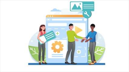 Poster - Website design video concept. Moving developers create user interface of digital product using tool and layout. Creative men and women programmers. Landing page template. Flat graphic animated cartoon