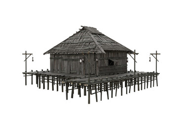 Poster - Corner perspective view of old wooden swamp house built on stilts over water. 3d illustration isolated on white with clipping path.