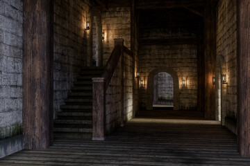 Aufkleber - Medieval castle hallway with stairs leading to upper floor. 3D illustration.