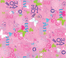 Graffiti Style Butterflies, Peace Signs, And Words Of Inspiration Repeating In A Vector Pattern For Girls. Seamless Vector Patterns Are Great For Backgrounds, Wallpaper, And Surface Designs.
