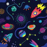 Fototapeta Dinusie - Space and planets seamless pattern. Vector illustration