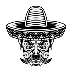 Wall Mural - Mexican man head with mustache and in sombrero hat vector illustration in vintage black and white style isolated