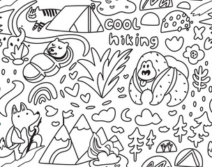 Wall Mural - Black and white seamless pattern with cartoon animals in hiking. Vector illustration