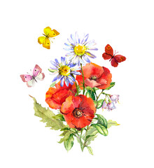 Wall Mural - Honey bees with floral bouquet - poppies, chamomile flowers. Watercolor