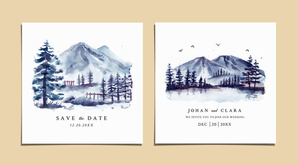 Wall Mural - Watercolor wedding invitation set with winter landscape and icy mountain 