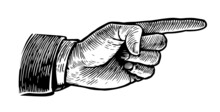 Pointing Male Hand Vector. Forefinger Directs. Business Concept. Sketch In Vintage Retro Style