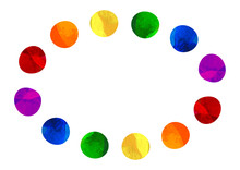 6色の虹色のドットが並ぶ楕円形のフレームのイラスト_背景素材