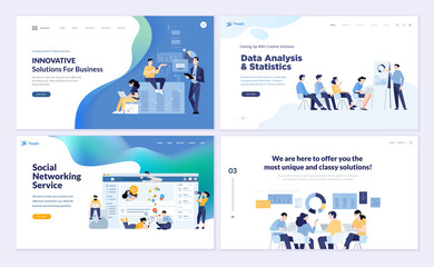 Set of web page design templates of social network, market research and data analysis, business and marketing. Vector illustrations for web development.