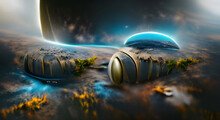 A 3d Digital Rendering Of A Planet In Space From An Alien Ship That Looks Like It's Been Buried In The Ground For A Long Time.