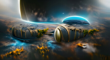 A 3d digital rendering of a planet in space from an alien ship that looks like it's been buried in the ground for a long time.