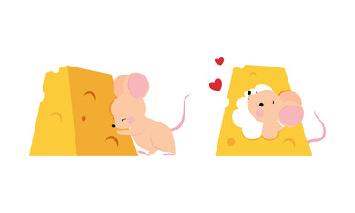 Sticker - Cute adorable mice eating cheese set cartoon vector illustration