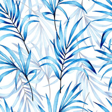 Watercolor Seamless Pattern With Blue Tropical Palm Leaves. Transparent Flowers On A White Background