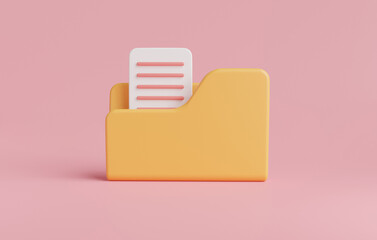 Leinwandbilder - Yellow portfolio folder icon with paper document isolated on pink background.Computer folder, folder with files, paper icon.File management concept.3D rendering illustration, cartoon style minimal