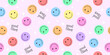 Happy smile faces seamless pattern in trendy funky y2k style. Colorful circle stickers, character icons endless background. Vector illustration in 90s graphic for fabric, print, textile, presentation