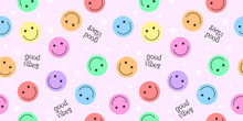 Happy Smile Faces Seamless Pattern In Trendy Funky Y2k Style. Colorful Circle Stickers, Character Icons Endless Background. Vector Illustration In 90s Graphic For Fabric, Print, Textile, Presentation