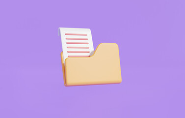 Leinwandbilder - Yellow folder icon with paper document. data storage, Computer folder, archive for reports, folder with files, paper icon. File management concept. 3D rendering illustration, cartoon style minimal
