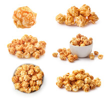 Set of sweet caramel popcorn isolated on white background.