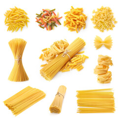 Wall Mural - Set of raw pasta isolated on white background. Top view.