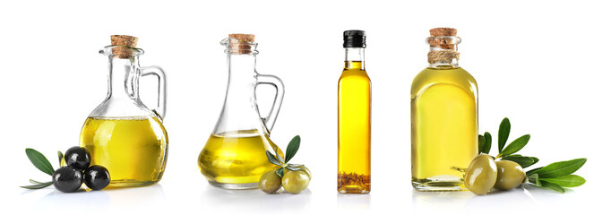 Wall Mural - Set of olive oil in bottles isolated on white.