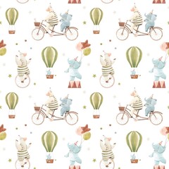 Beautiful children seamless pattern with cute watercolor hand drawn circus animals. Sheep juggle on unicycle, baby elephant with air balloons. Stock illustration.