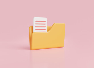Leinwandbilder - 3D rendering illustration of folder icon with paper document isolated on pink background. Computer folder, folder with files, paper icon.File management concept.Cartoon style minimal
