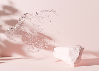 Pink stone with shadows of leaves and water splash on pink background. Mock up for product, cosmetic presentation. Pedestal or platform for beauty products. Empty scene. 3D rendering.