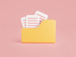 Leinwandbilder - 3D rendering illustration of three paper document in yellow folder icon isolated on pink background. Data storage, computer folder, folder with files, paper icon.File management concept