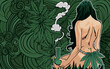 Naked lady with cannabis leafs and bong.