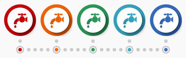 Poster - Faucet, tap concept vector icon set, infographic template, flat design colorful web buttons in 5 color options