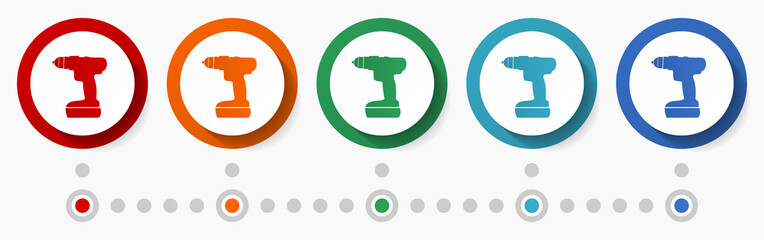 Aufkleber - Drill, tool concept vector icon set, infographic template, flat design colorful web buttons in 5 color options