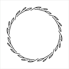 Vector hand drawn spring wreath isolated on white background. Outline circle of leaves. Doodle style. Floral frame. Family monogram.