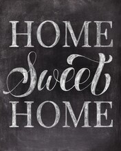 Home Sweet Home Chalk Lettering On Chalkboard Background. Vintage Poster.