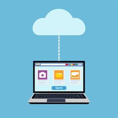 Poster - files and information transferring to cloud storage concept. cloud server and storage concept with a