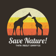 Sticker - Giraffe family in savannah. Mother and child. Retro vintage t-shirt
