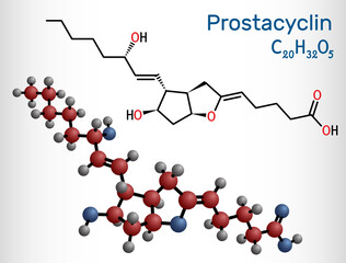 Wall Mural - Prostacyclin, prostaglandin I2, PGl2, epoprostenol molecule. It is prostaglandin member of the eicosanoid family of lipid molecules. Structural chemical formula and molecule model.