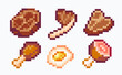 Cooked meat pixel art set. Beef, pork steaks, chicken leg, scrambled eggs, ham collection. 8-bit sprite. Game development, mobile app.  Isolated vector illustration.