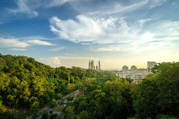 The magically forested view of Keppel Bay from Henderson Wave, Singapore. Green corridors covers the Singapore city-space and they allow the animals adapted to the urban forest to pass safely. 